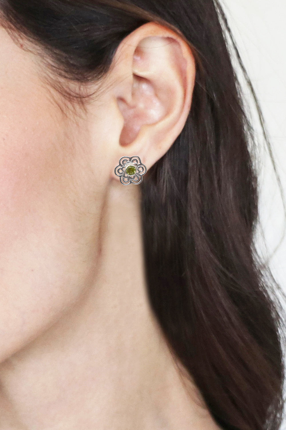 Floral Sterling Silver Button Earrings with Peridot Stones - Green Flower of Light