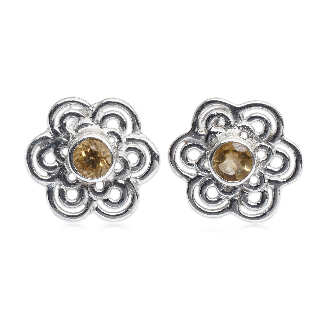 Openwork Floral Silver Button Earrings with Citrine Gems - Yellow Flower of Light