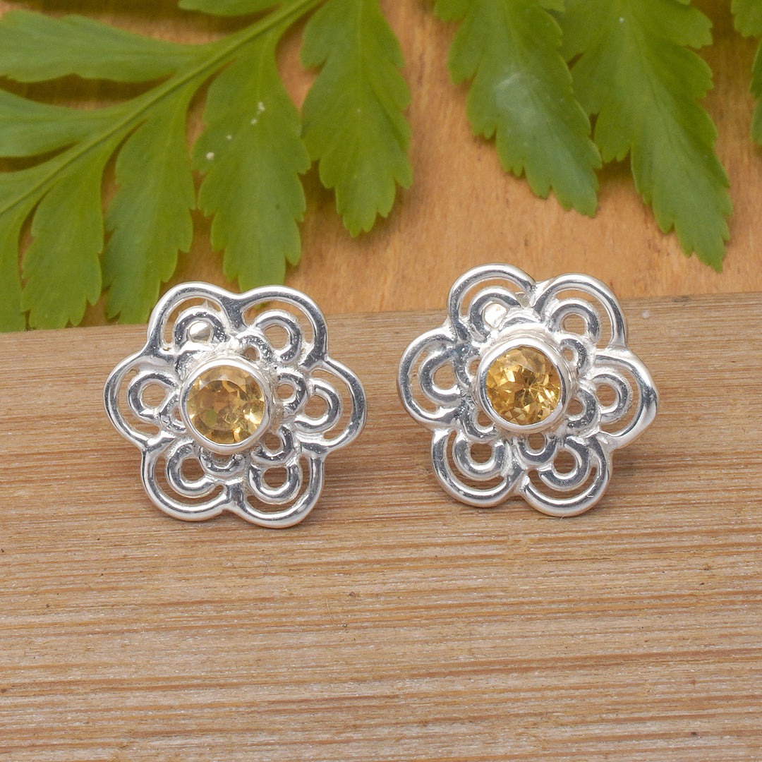 Openwork Floral Silver Button Earrings with Citrine Gems - Yellow Flower of Light