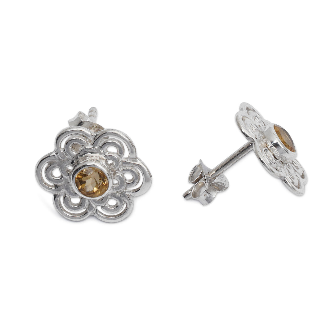 Openwork Floral Silver Button Earrings with Citrine Gems - Yellow Flower of Light