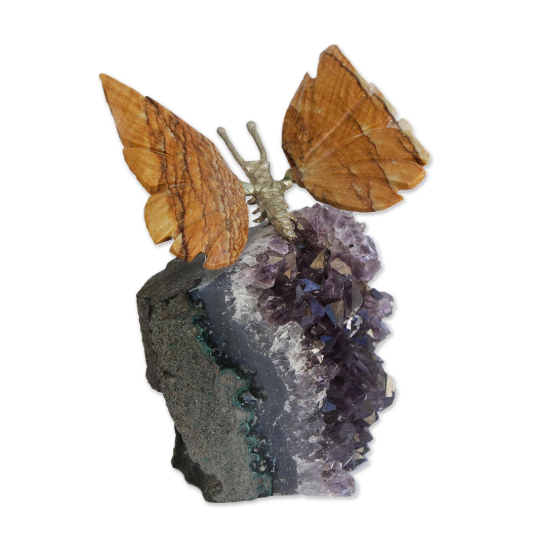 Jasper and Amethyst Butterfly Gemstone Figurine from Brazil - Earthen Wings