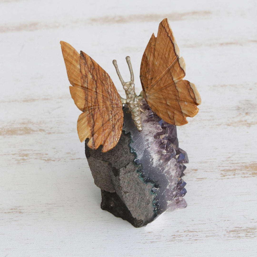 Jasper and Amethyst Butterfly Gemstone Figurine from Brazil - Earthen Wings