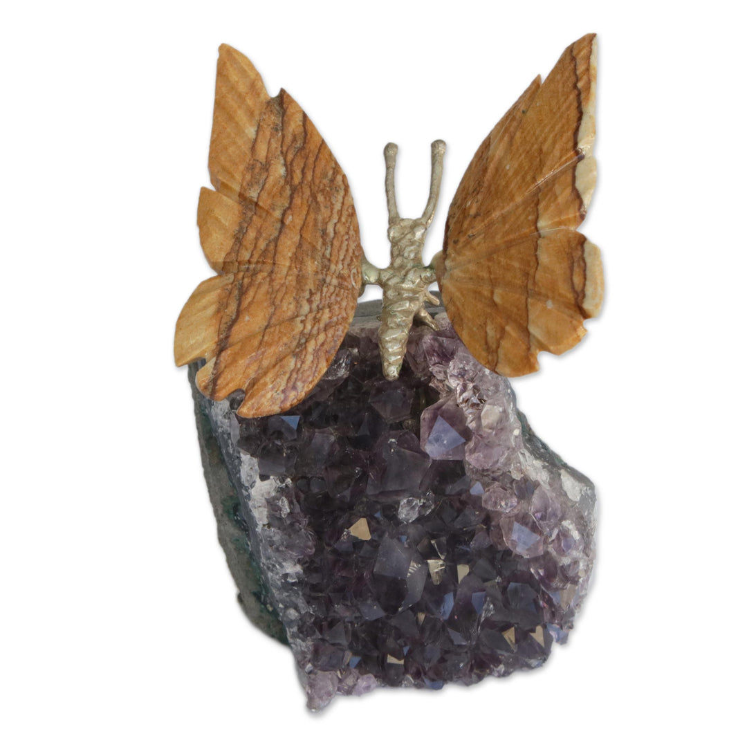 Jasper and Amethyst Butterfly Gemstone Figurine from Brazil - Earthen Wings