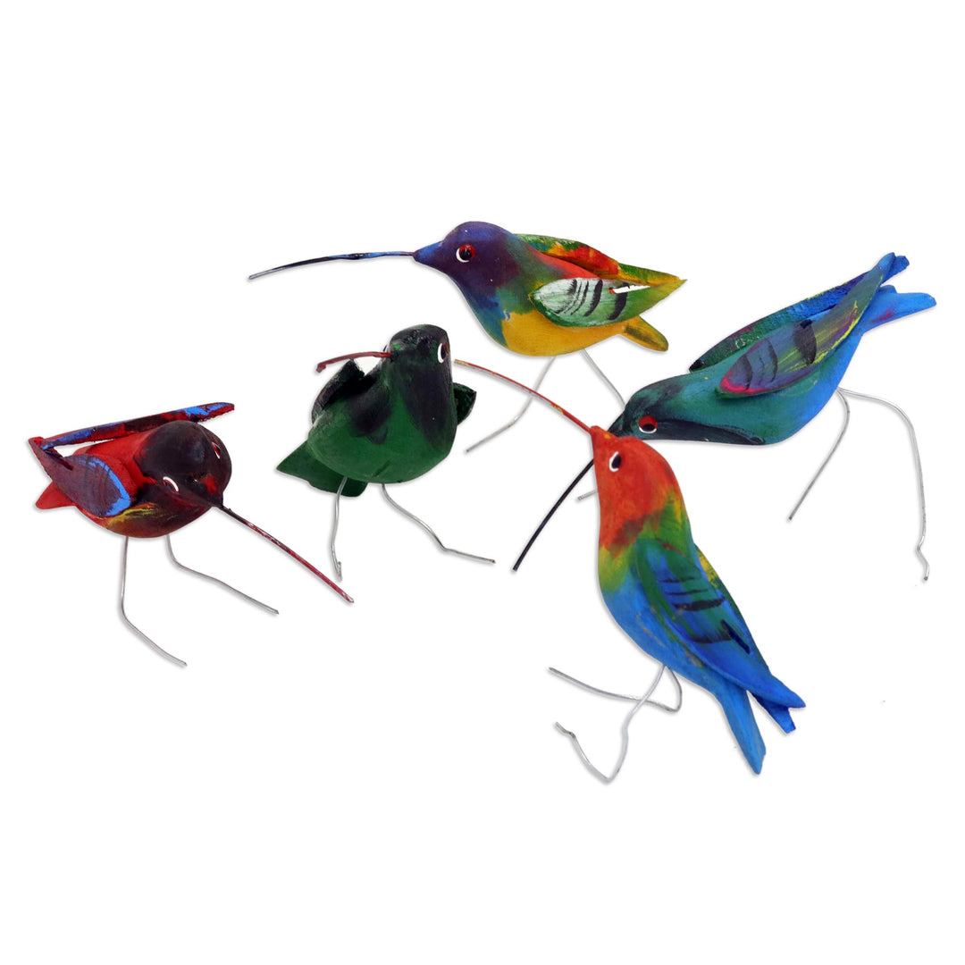 Set of 5 Pine Wood Hummingbird Ornaments in Colorful Tones - Natural Hummingbirds