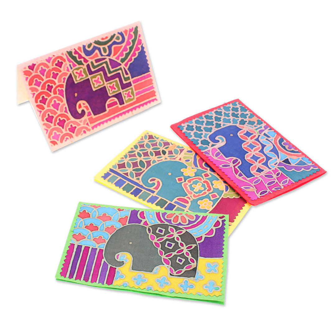4 Elephant-Themed Batik Cotton and Paper Greeting Cards - Charming Salutations