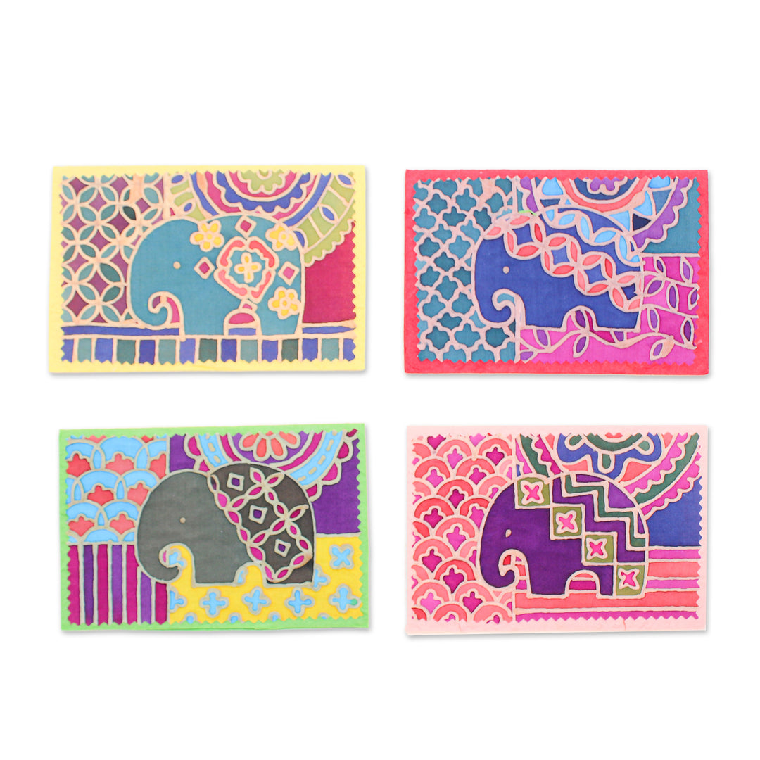 4 Elephant-Themed Batik Cotton and Paper Greeting Cards - Charming Salutations
