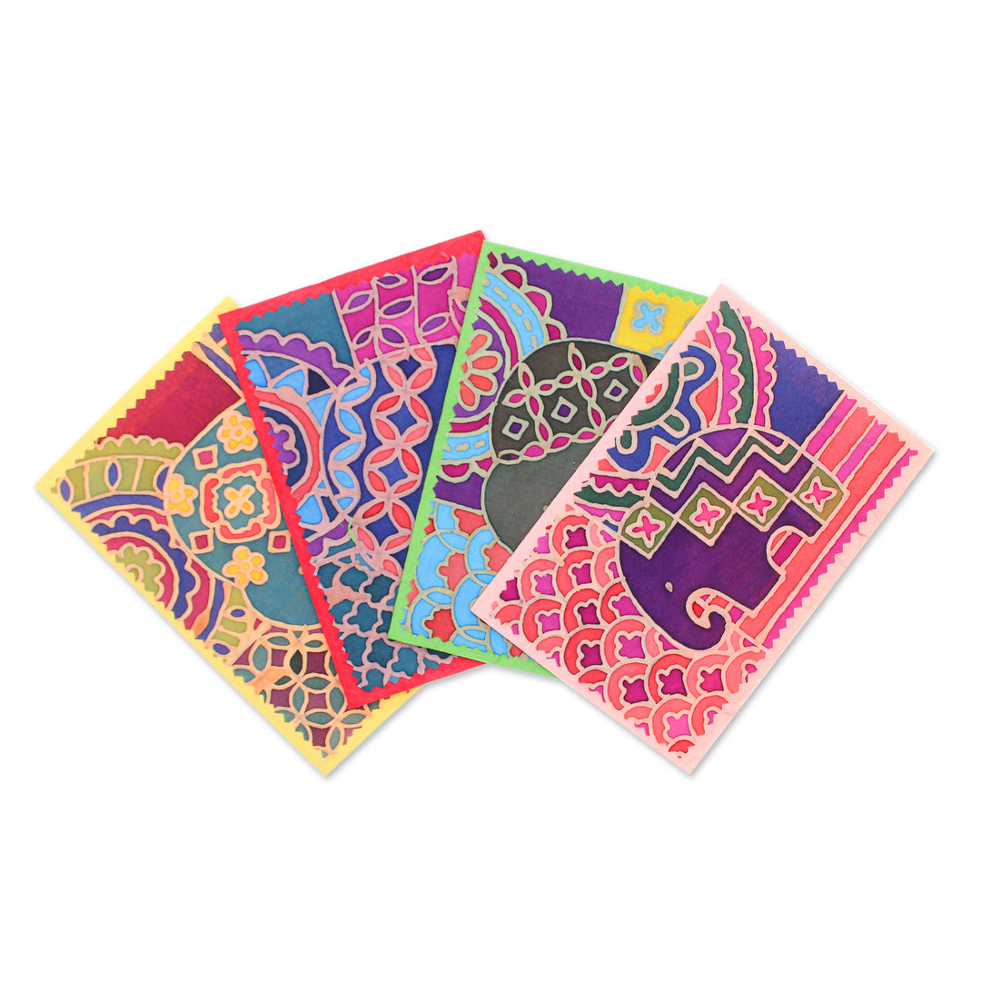 4 Elephant-Themed Batik Cotton and Paper Greeting Cards - Charming Salutations