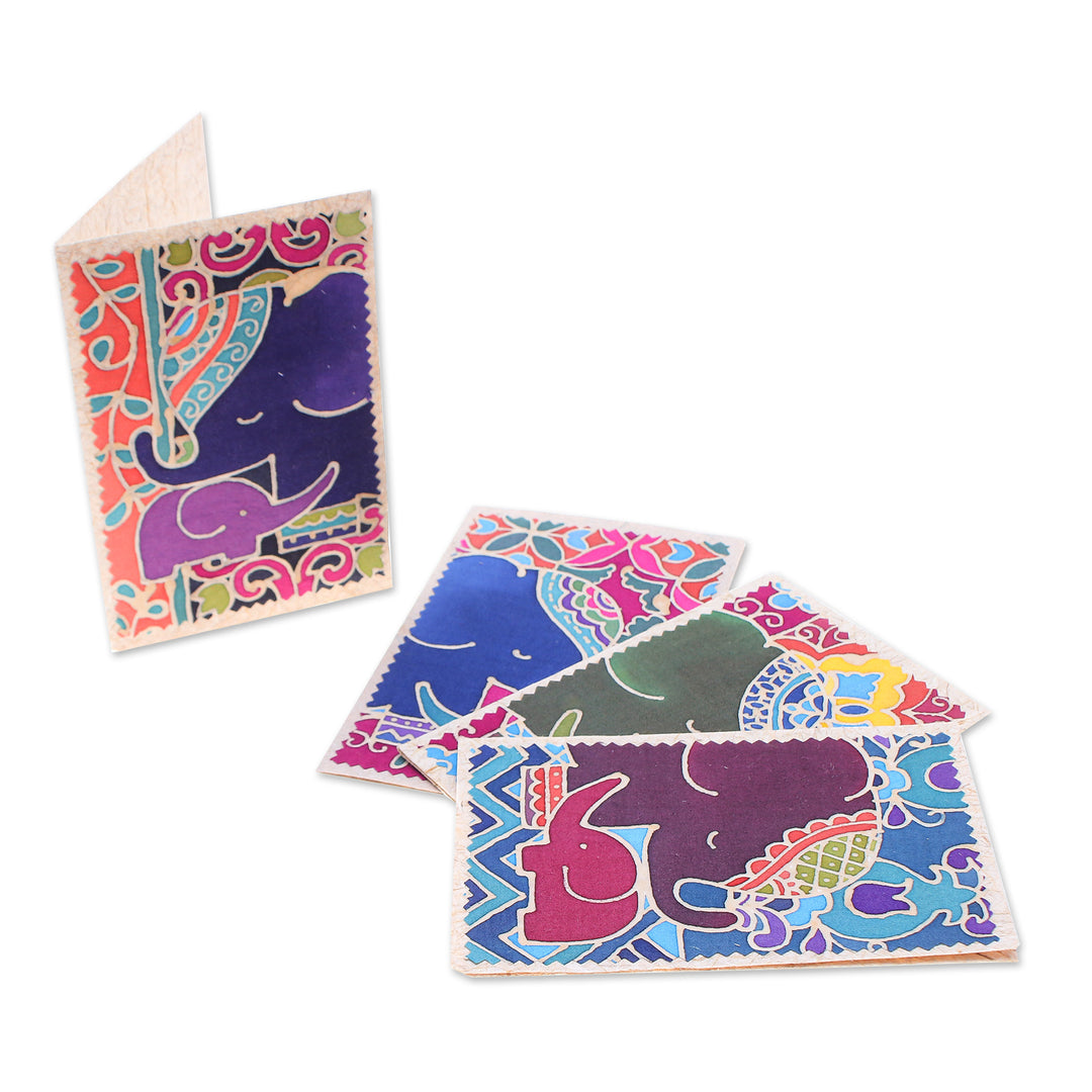 4 Batik Cotton and Paper Greeting Cards with Elephant Motif - Delightful Salutations