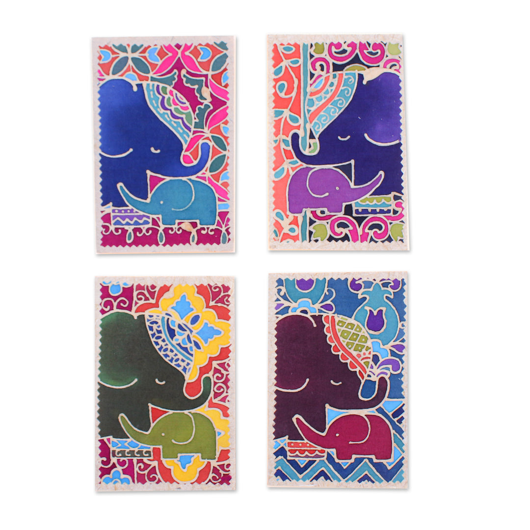 4 Batik Cotton and Paper Greeting Cards with Elephant Motif - Delightful Salutations