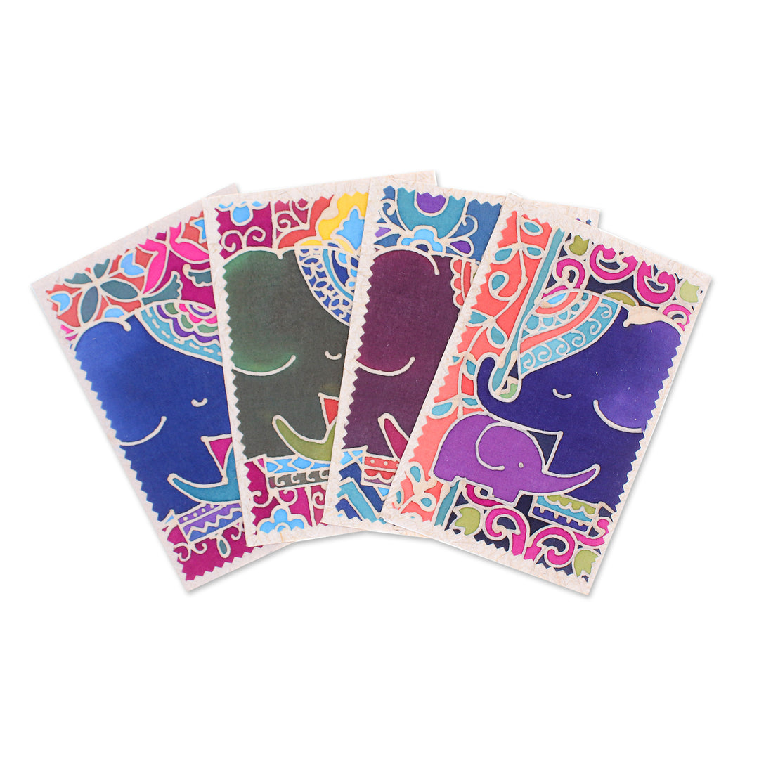 4 Batik Cotton and Paper Greeting Cards with Elephant Motif - Delightful Salutations