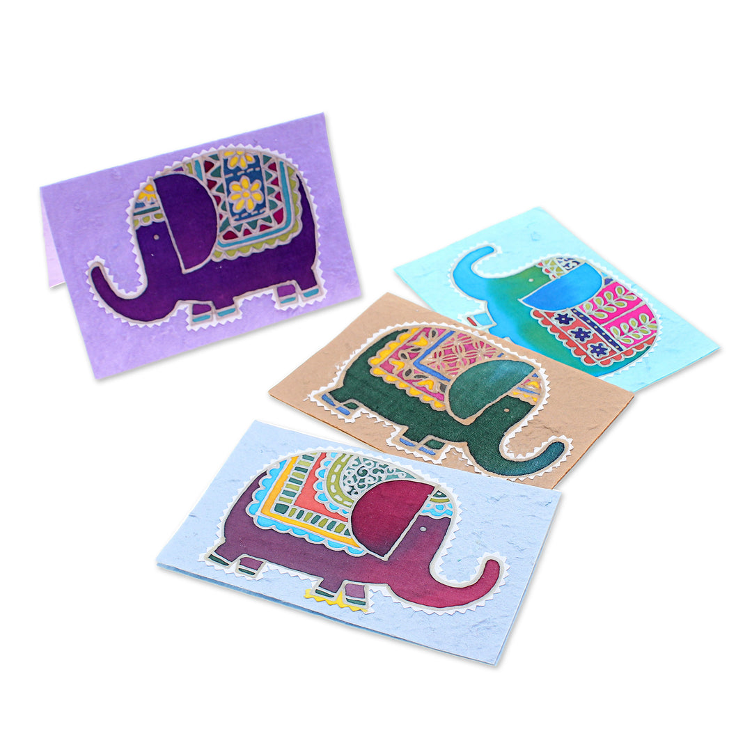 Elephant-Themed Batik Cotton Paper Greeting Cards (Set of 4) - Adorable Salutations