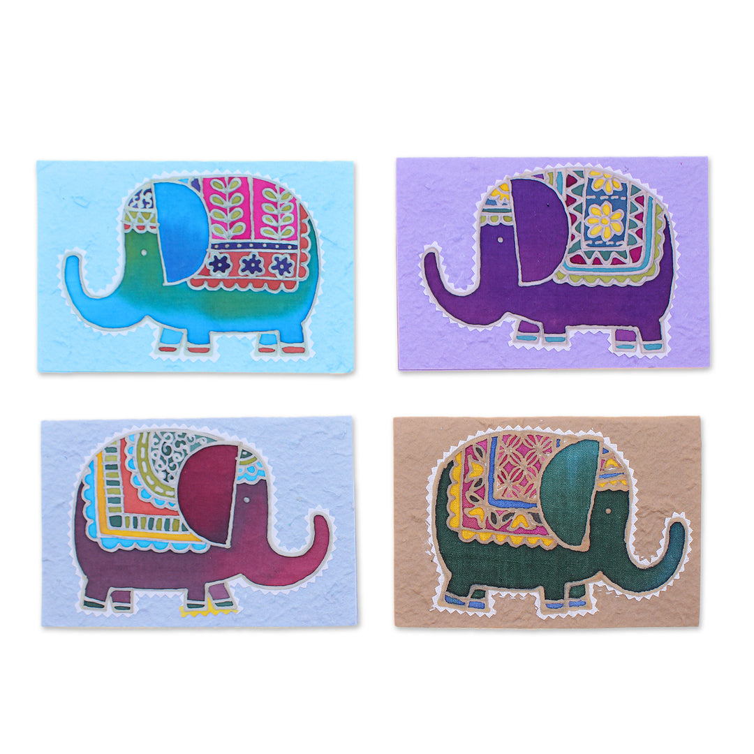 Elephant-Themed Batik Cotton Paper Greeting Cards (Set of 4) - Adorable Salutations