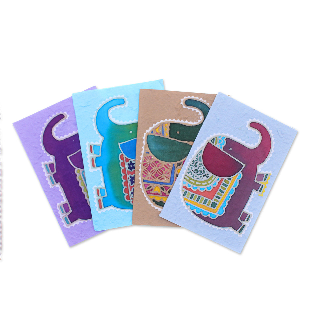 Elephant-Themed Batik Cotton Paper Greeting Cards (Set of 4) - Adorable Salutations