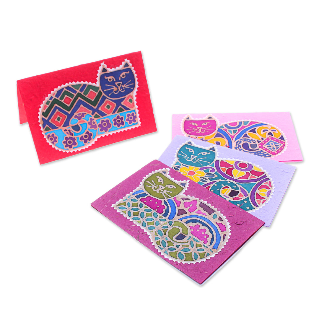 Set of 4 Cat-Themed Batik Cotton and Paper Greeting Cards - Endearing Salutations