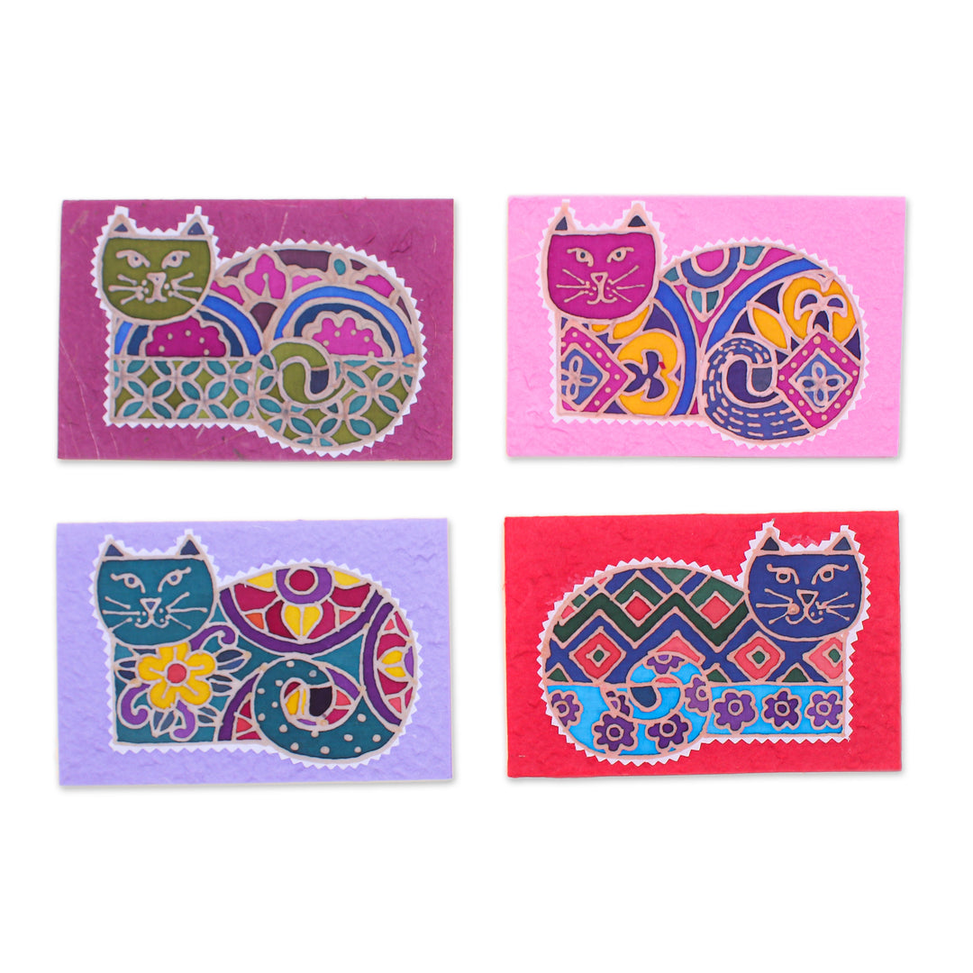 Set of 4 Cat-Themed Batik Cotton and Paper Greeting Cards - Endearing Salutations