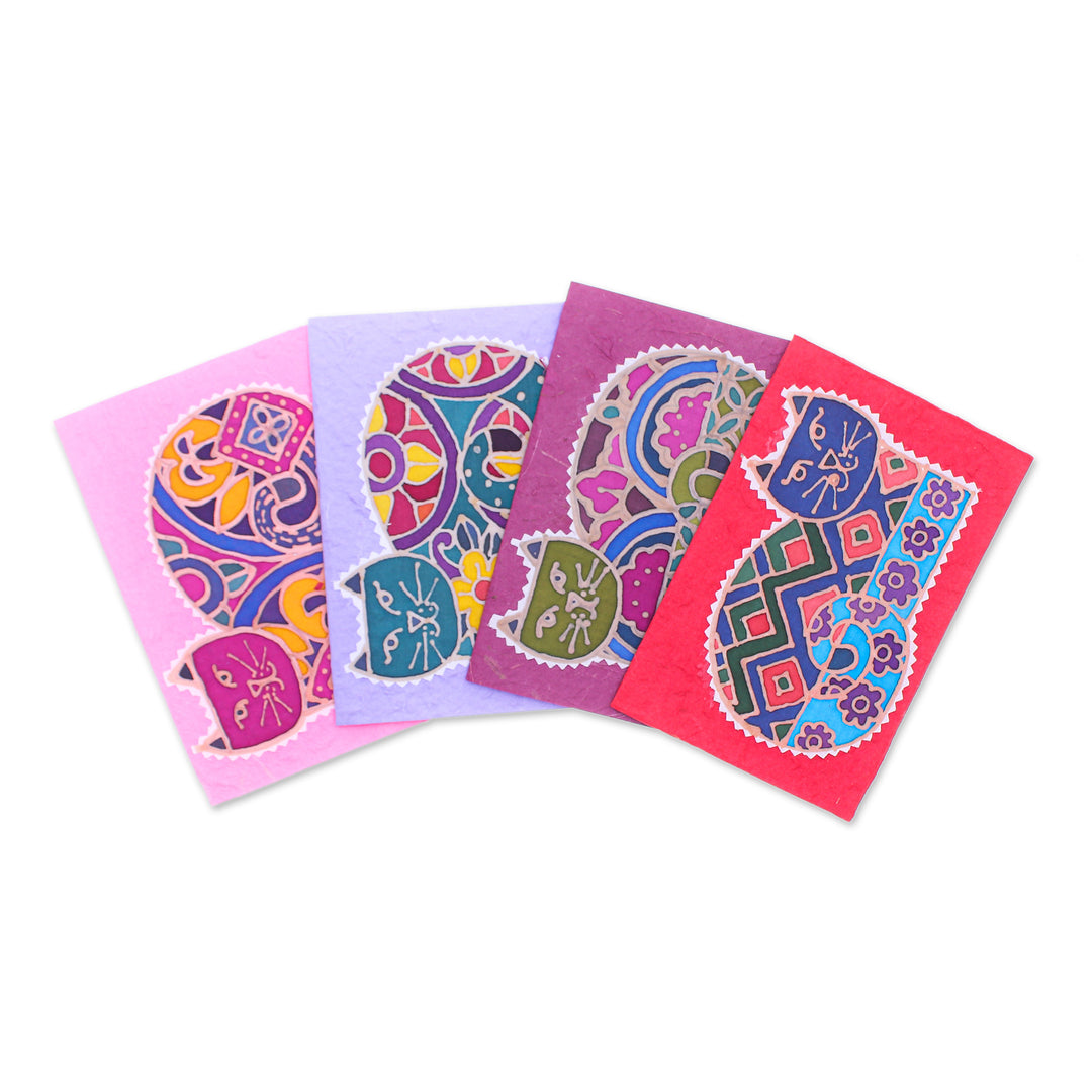 Set of 4 Cat-Themed Batik Cotton and Paper Greeting Cards - Endearing Salutations