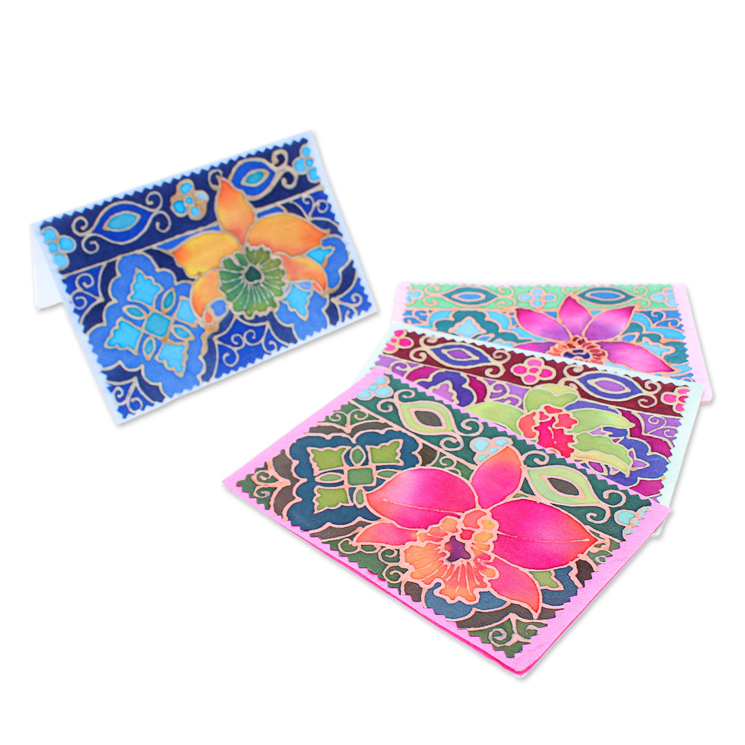 Set of 4 Floral-Themed Batik Cotton and Paper Greeting Cards - Floral Salutations