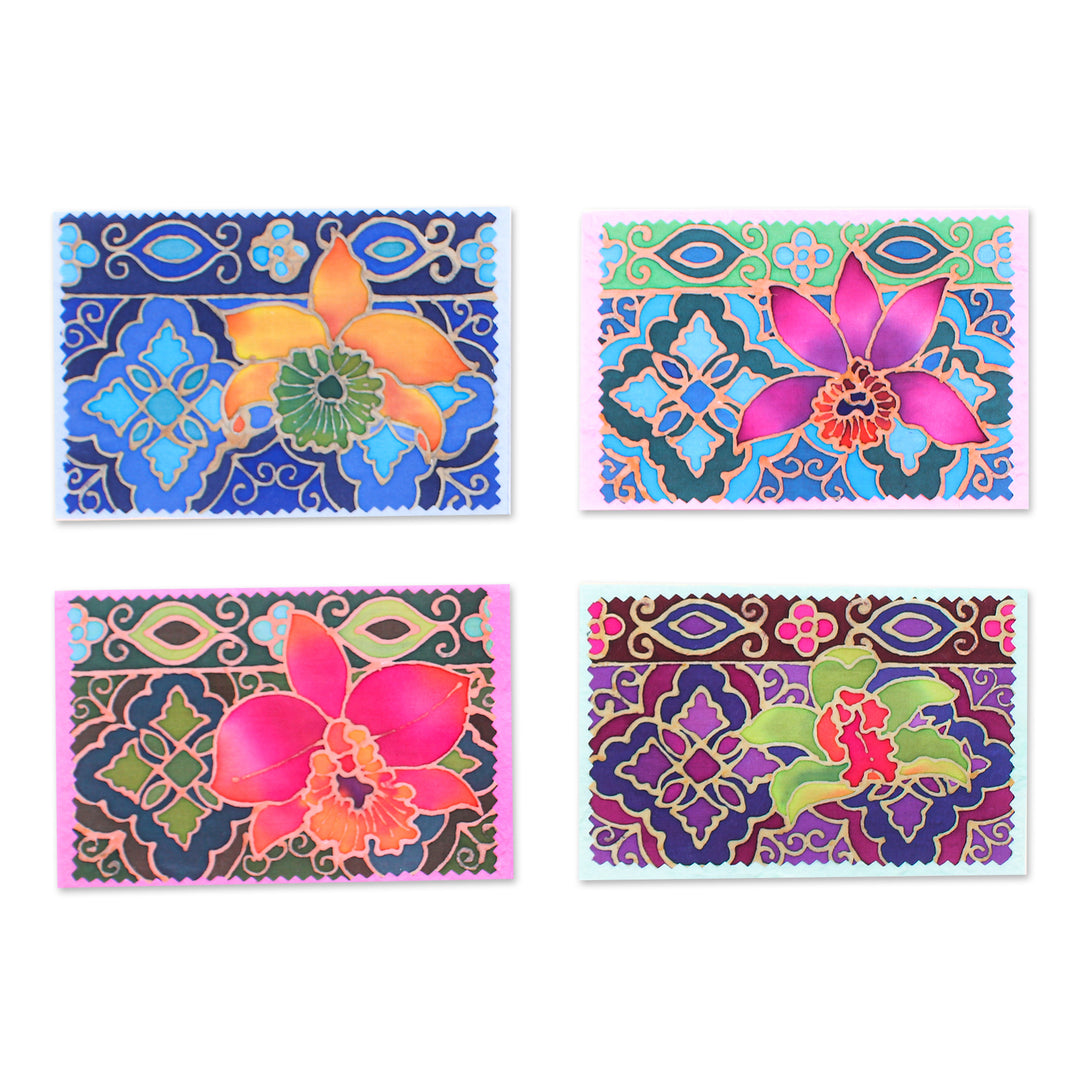 Set of 4 Floral-Themed Batik Cotton and Paper Greeting Cards - Floral Salutations