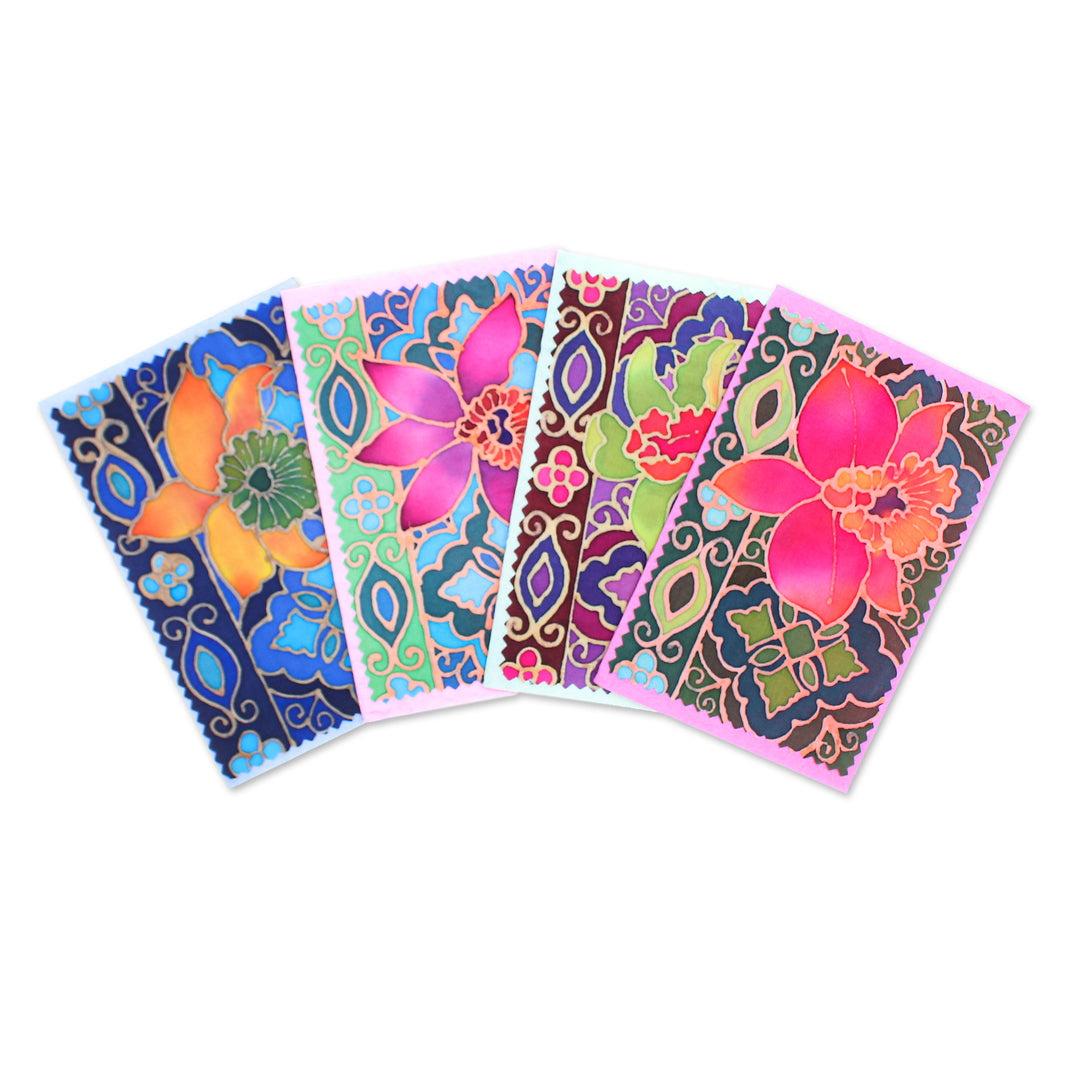 Set of 4 Floral-Themed Batik Cotton and Paper Greeting Cards - Floral Salutations