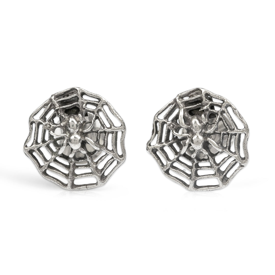 Polished and Oxidized Sterling Silver Spider Button Earrings - Net of Style