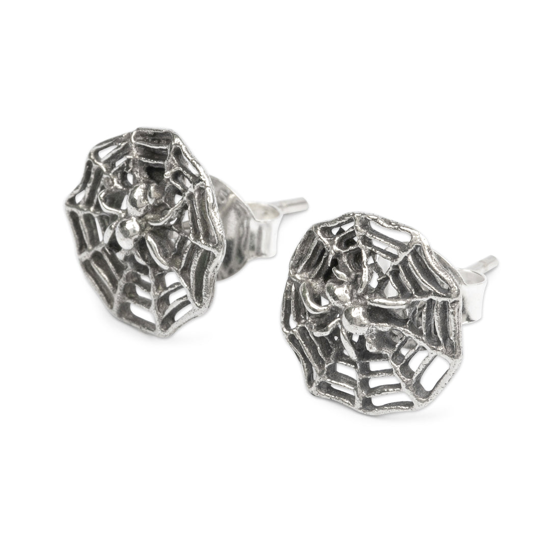 Polished and Oxidized Sterling Silver Spider Button Earrings - Net of Style