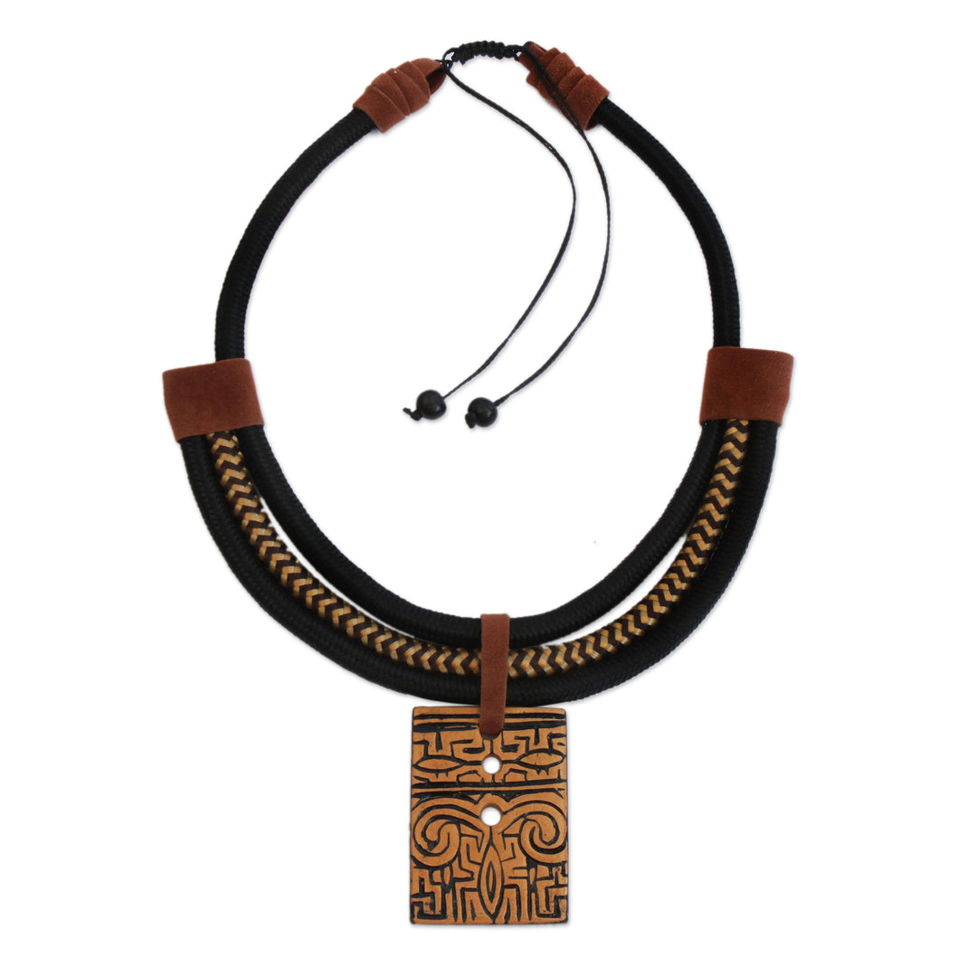 Suede Accent Ceramic Pendant Necklace from Brazil - Tribal Accessory