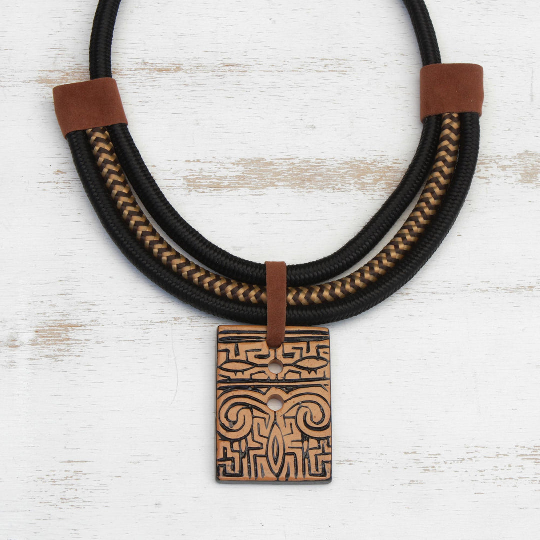 Suede Accent Ceramic Pendant Necklace from Brazil - Tribal Accessory