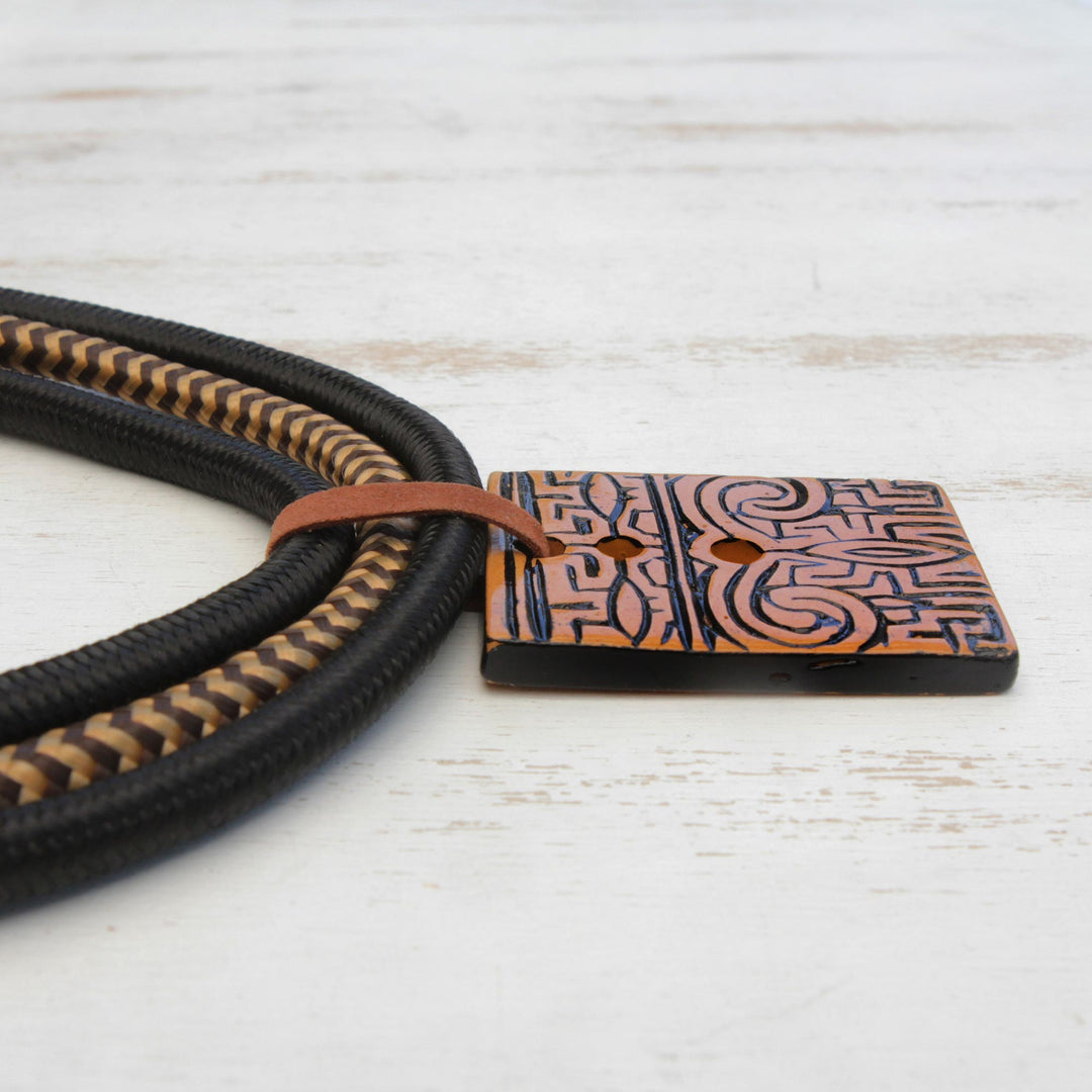 Suede Accent Ceramic Pendant Necklace from Brazil - Tribal Accessory