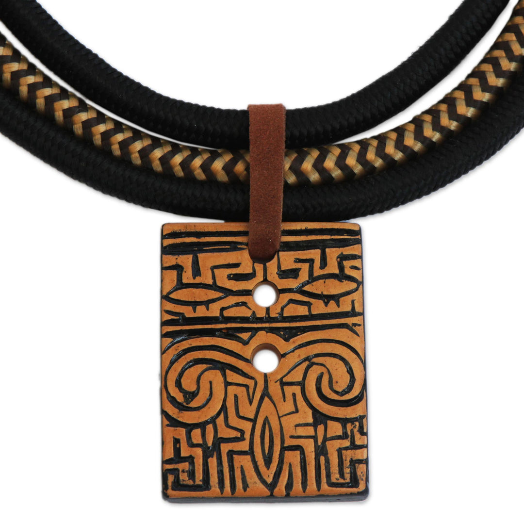 Suede Accent Ceramic Pendant Necklace from Brazil - Tribal Accessory