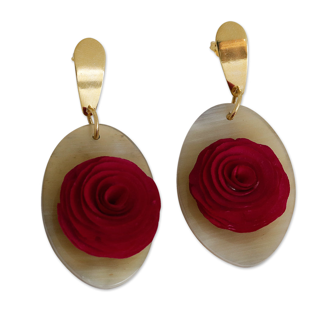 Wood and Horn Floral Dangle Earrings with 18k Gold Accents - Rose Spell