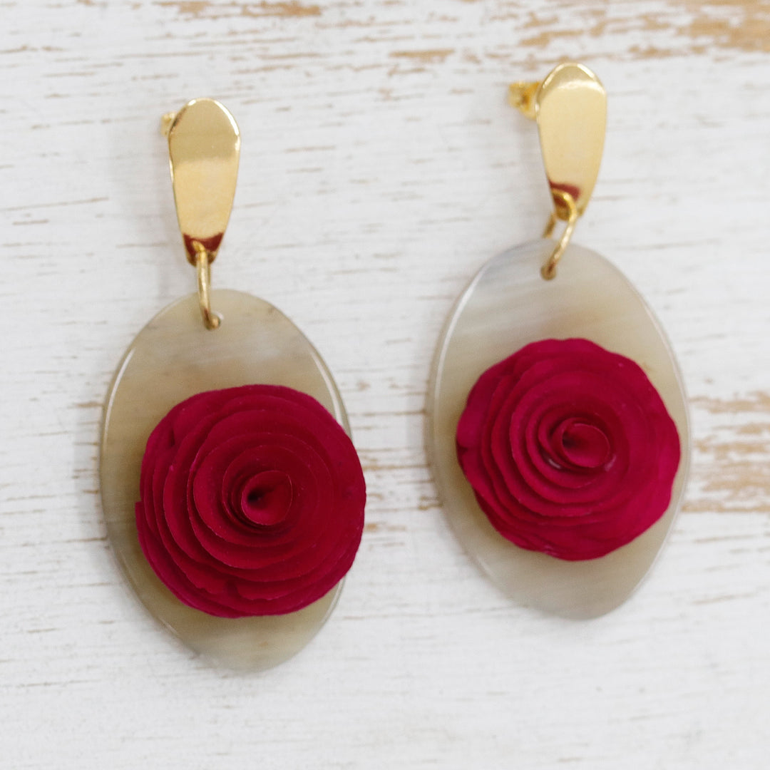Wood and Horn Floral Dangle Earrings with 18k Gold Accents - Rose Spell