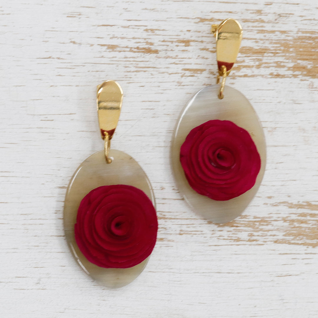 Wood and Horn Floral Dangle Earrings with 18k Gold Accents - Rose Spell