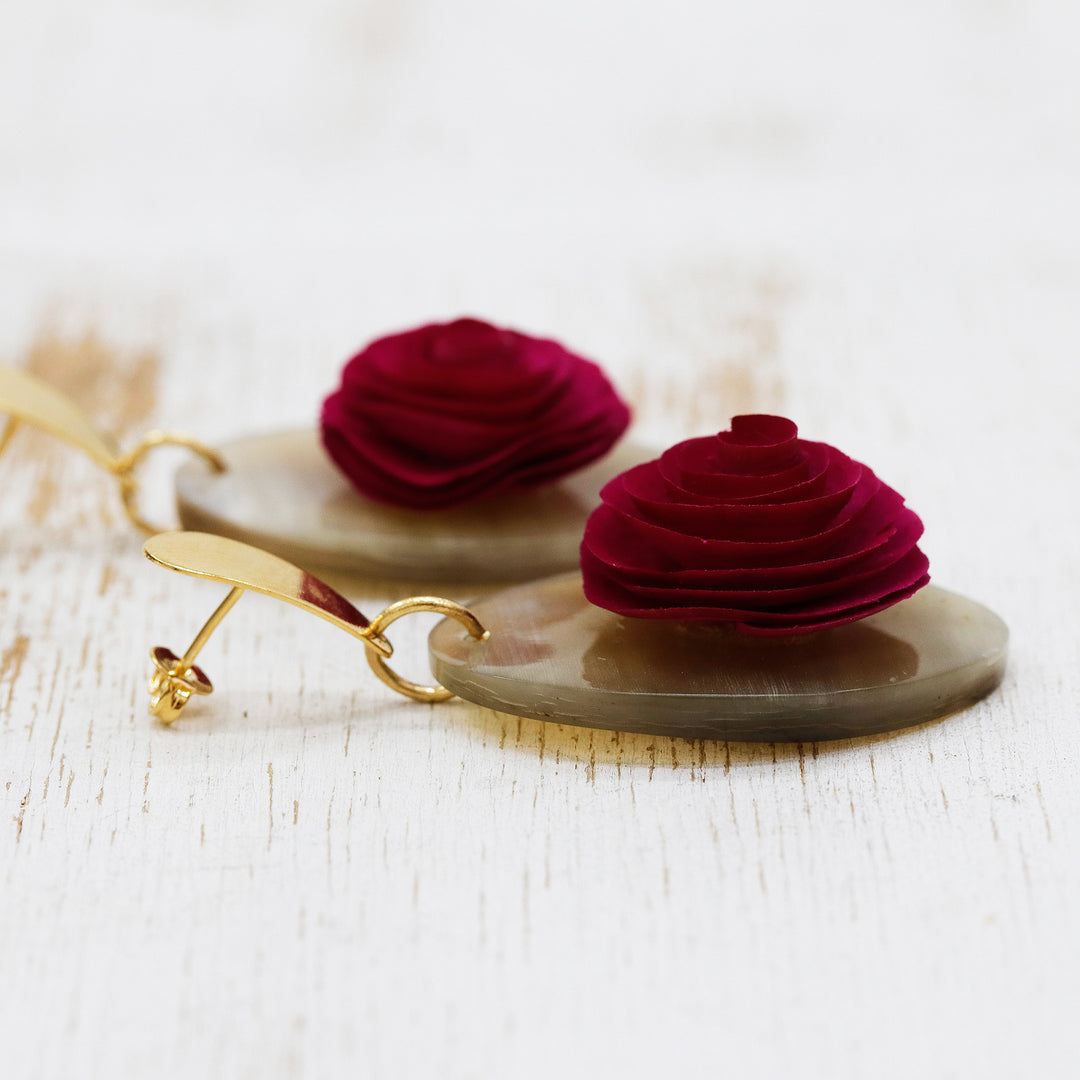 Wood and Horn Floral Dangle Earrings with 18k Gold Accents - Rose Spell