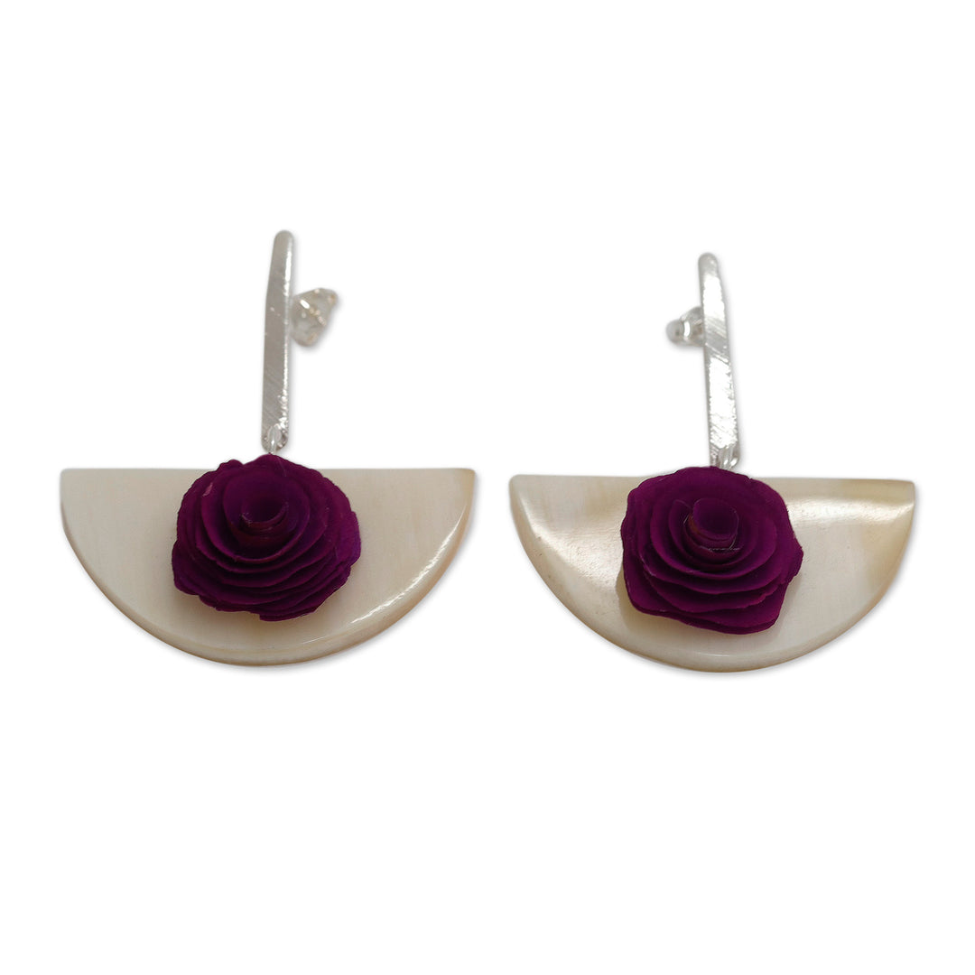 18k Gold-Accented Wood and Horn Floral Dangle Earrings - Rose Allure
