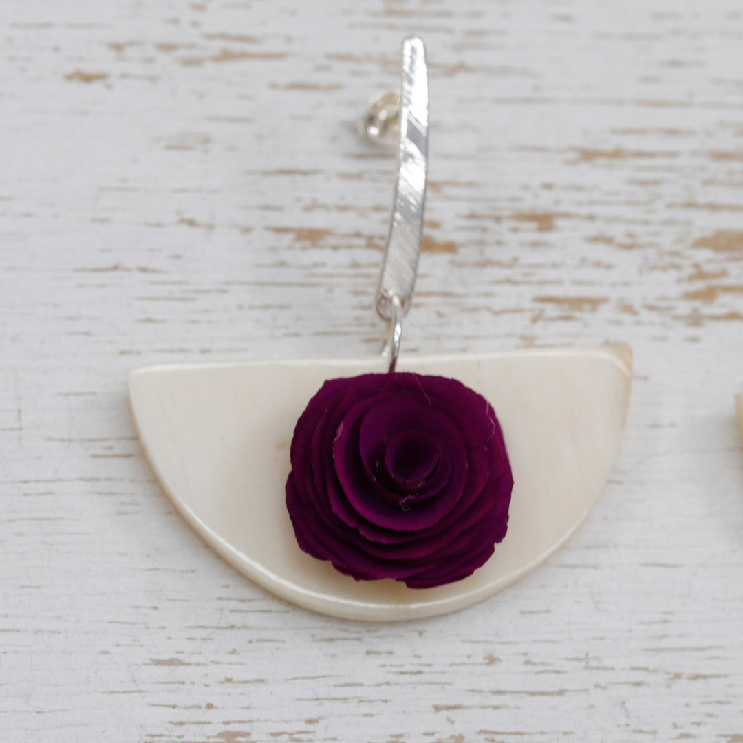 18k Gold-Accented Wood and Horn Floral Dangle Earrings - Rose Allure