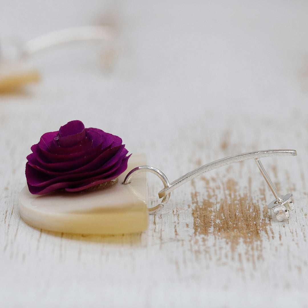18k Gold-Accented Wood and Horn Floral Dangle Earrings - Rose Allure