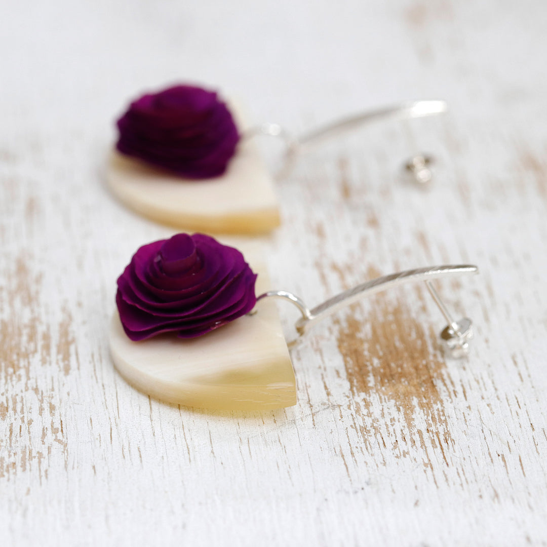 18k Gold-Accented Wood and Horn Floral Dangle Earrings - Rose Allure