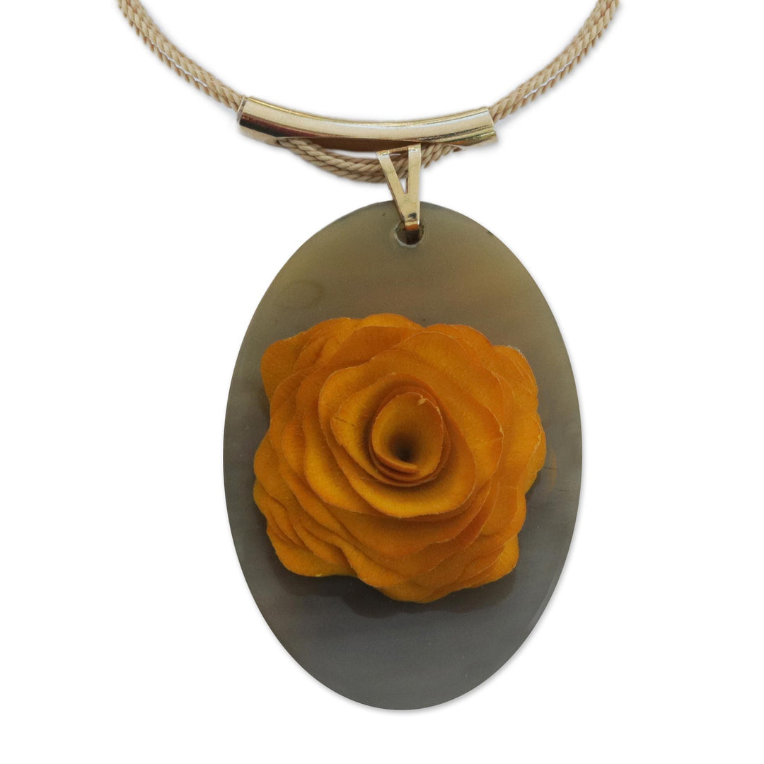 Oval Wood and Horn Flower Pendant Necklace from Brazil - Moody Rose