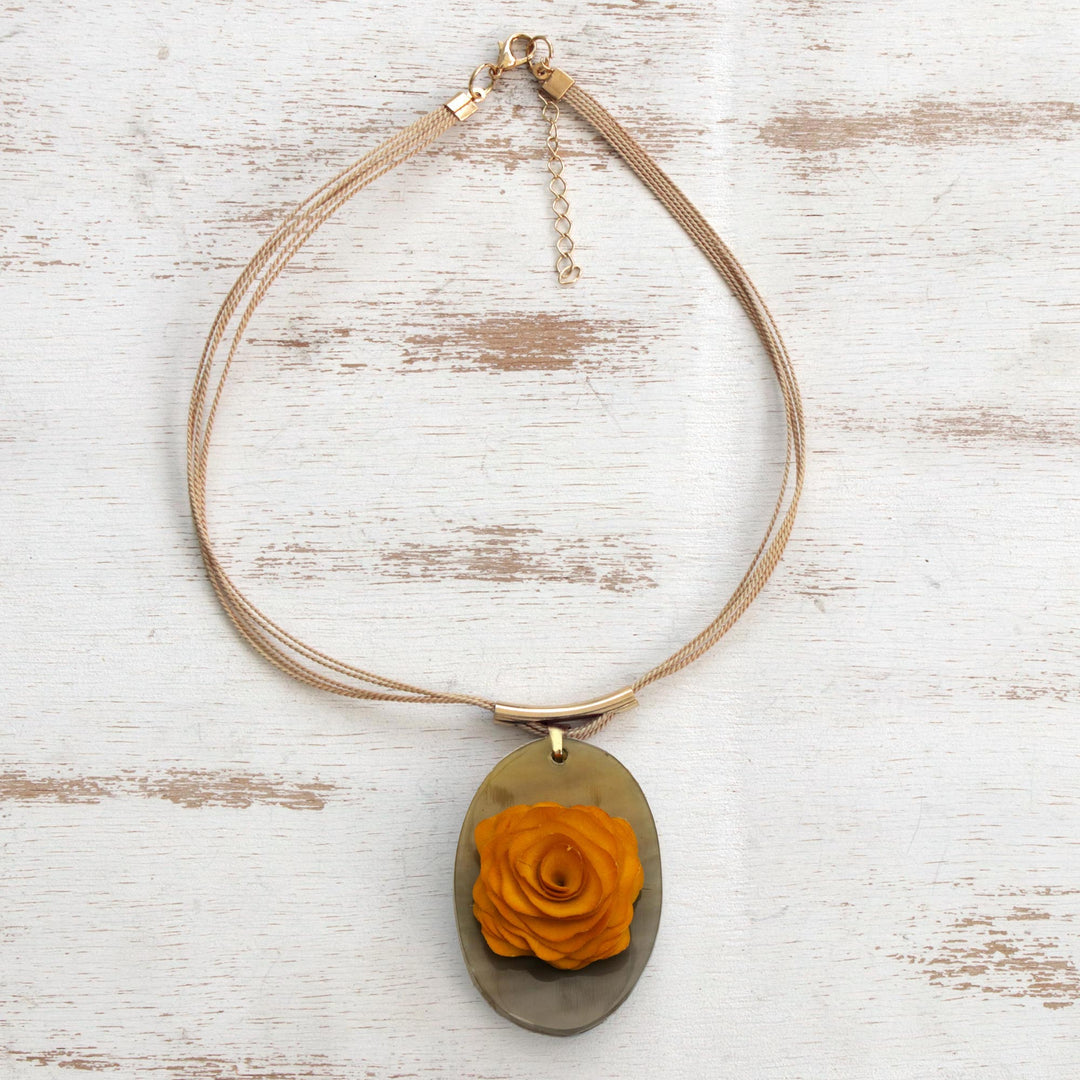 Oval Wood and Horn Flower Pendant Necklace from Brazil - Moody Rose