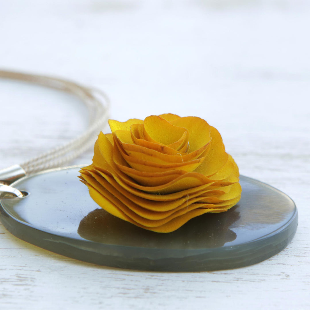 Oval Wood and Horn Flower Pendant Necklace from Brazil - Moody Rose