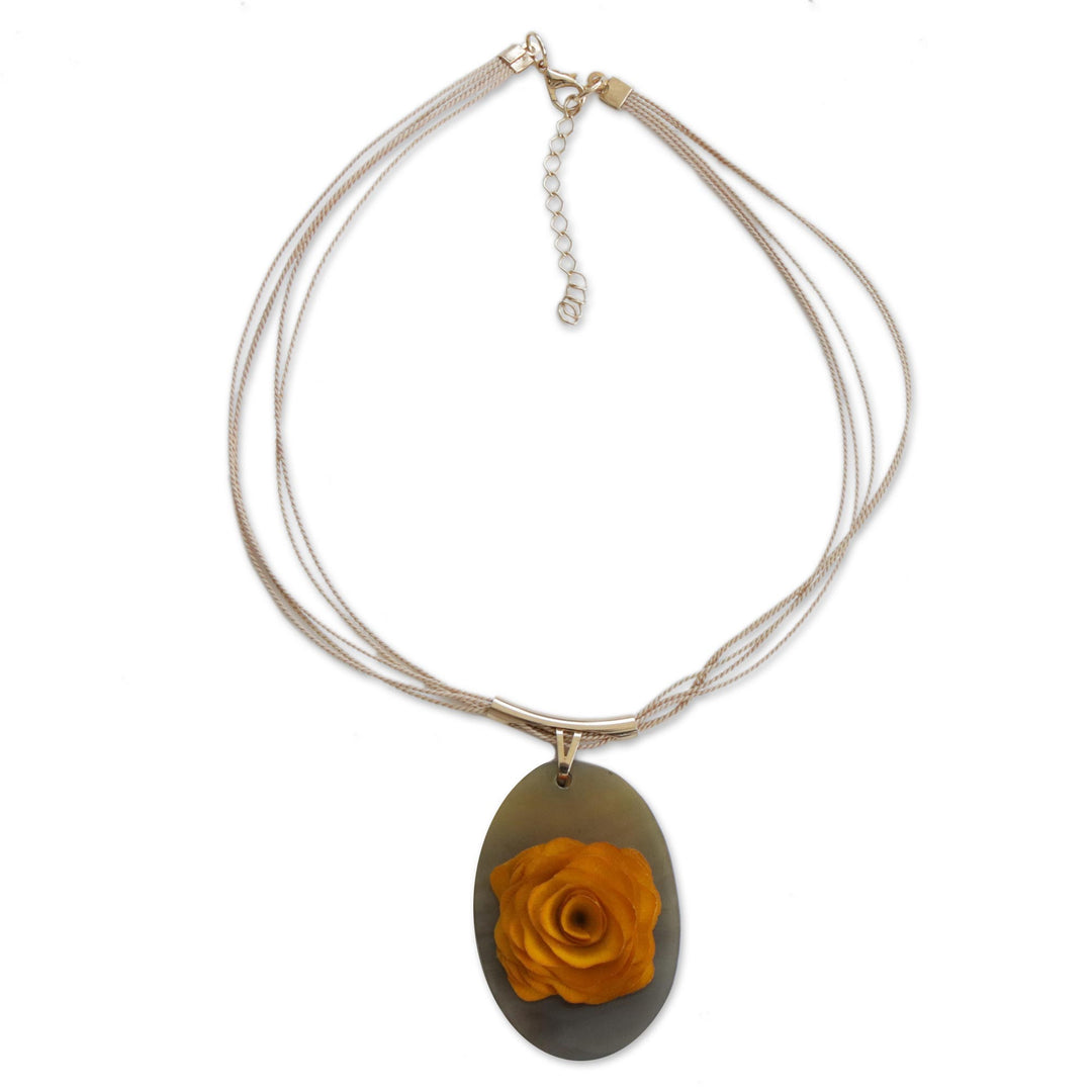 Oval Wood and Horn Flower Pendant Necklace from Brazil - Moody Rose