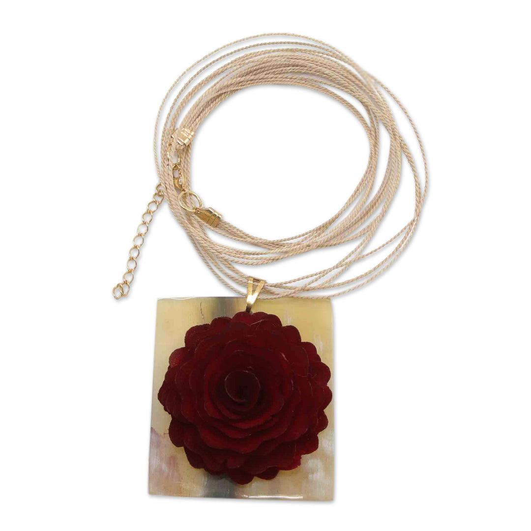 Handmade Gold-Accented Wood and Horn Rose Pendant Necklace - Rose Enchantment