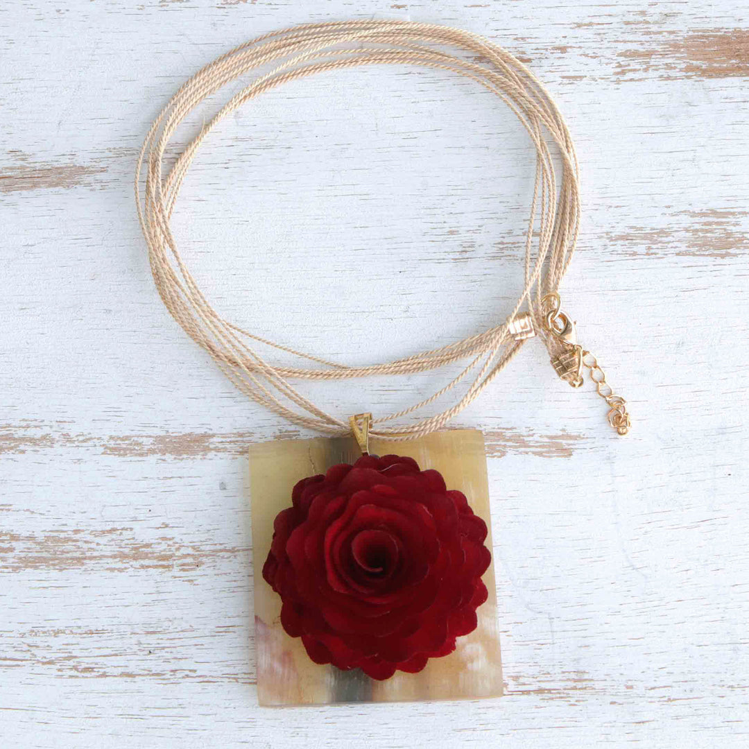 Handmade Gold-Accented Wood and Horn Rose Pendant Necklace - Rose Enchantment