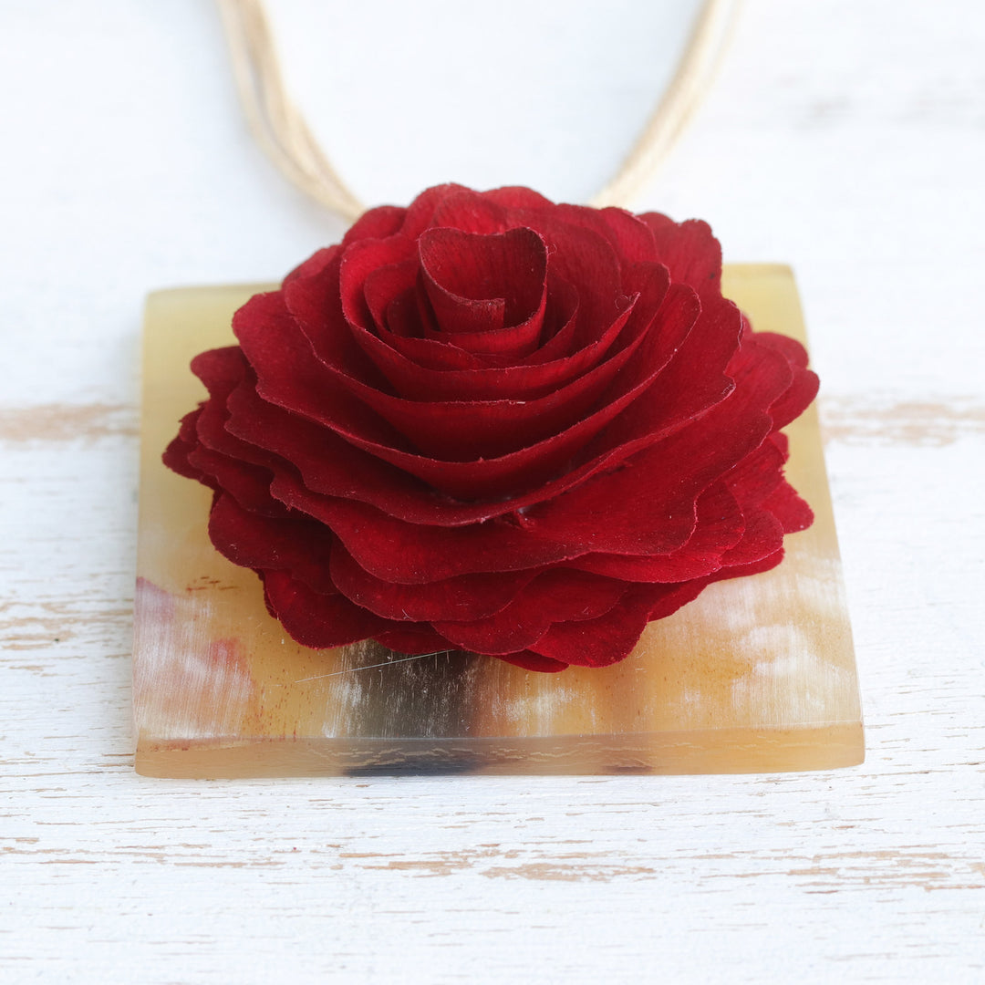 Handmade Gold-Accented Wood and Horn Rose Pendant Necklace - Rose Enchantment