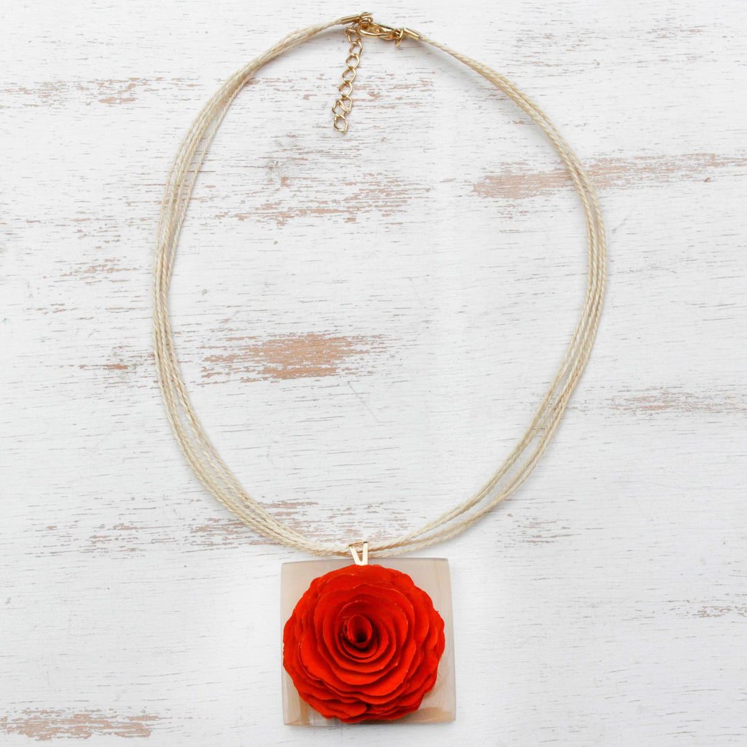 Eucalyptus Wood and Horn Rose Flower Pendant Necklace - Intricate Elegance
