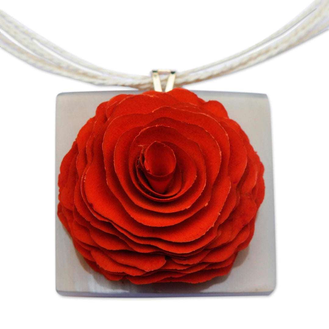Eucalyptus Wood and Horn Rose Flower Pendant Necklace - Intricate Elegance