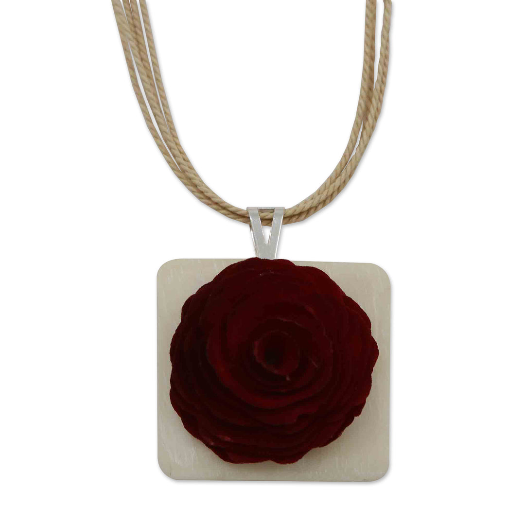 Wood and Horn Rose Pendant Necklace Carved and Dyed by Hand - Rose Appeal