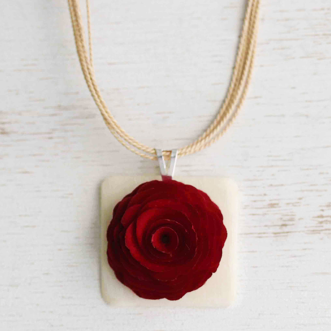 Wood and Horn Rose Pendant Necklace Carved and Dyed by Hand - Rose Appeal