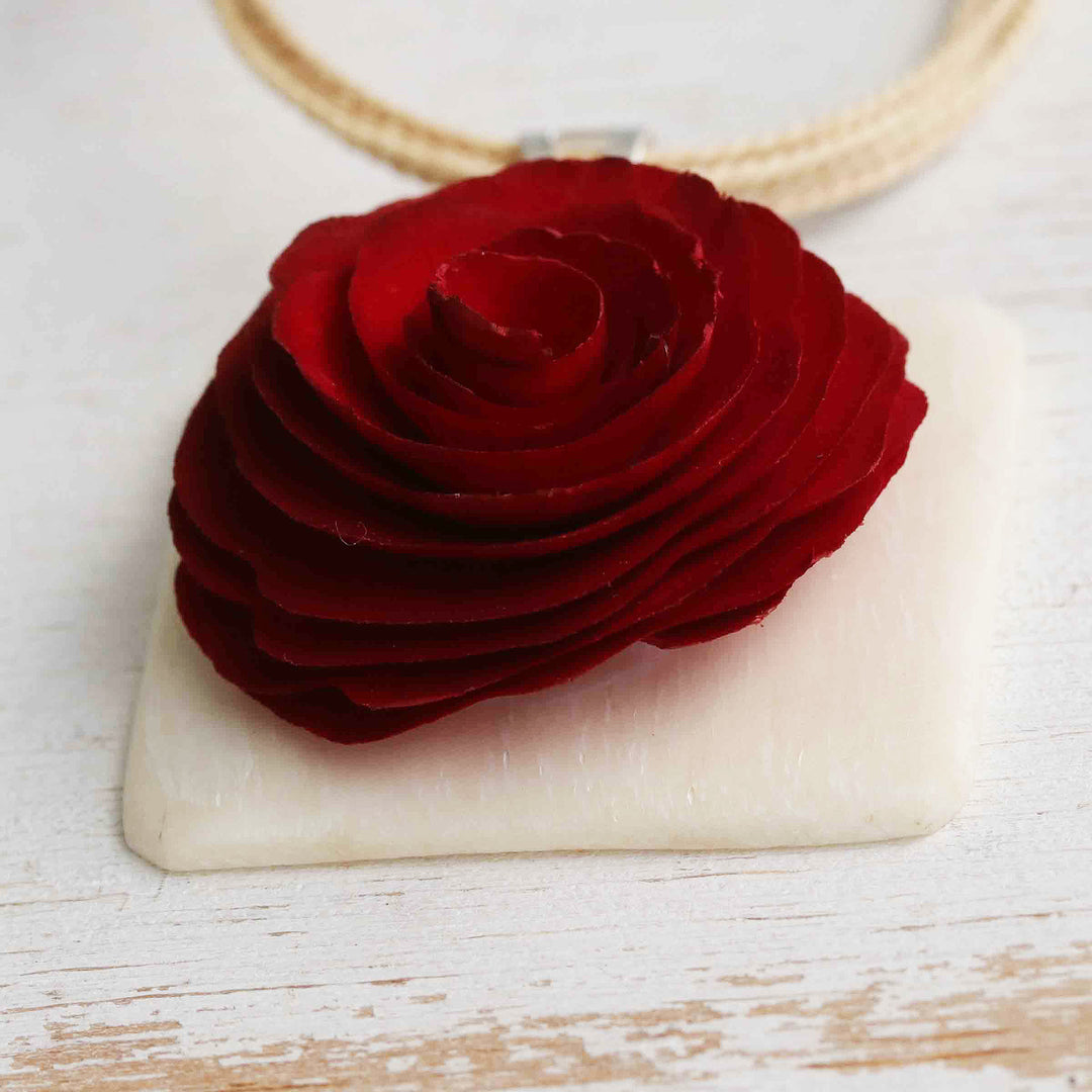 Wood and Horn Rose Pendant Necklace Carved and Dyed by Hand - Rose Appeal
