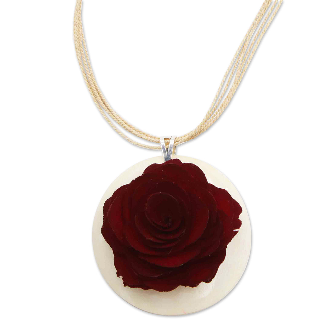 Wood and Horn Rose Pendant Necklace Hand-Carved in Brazil - Rose Delight